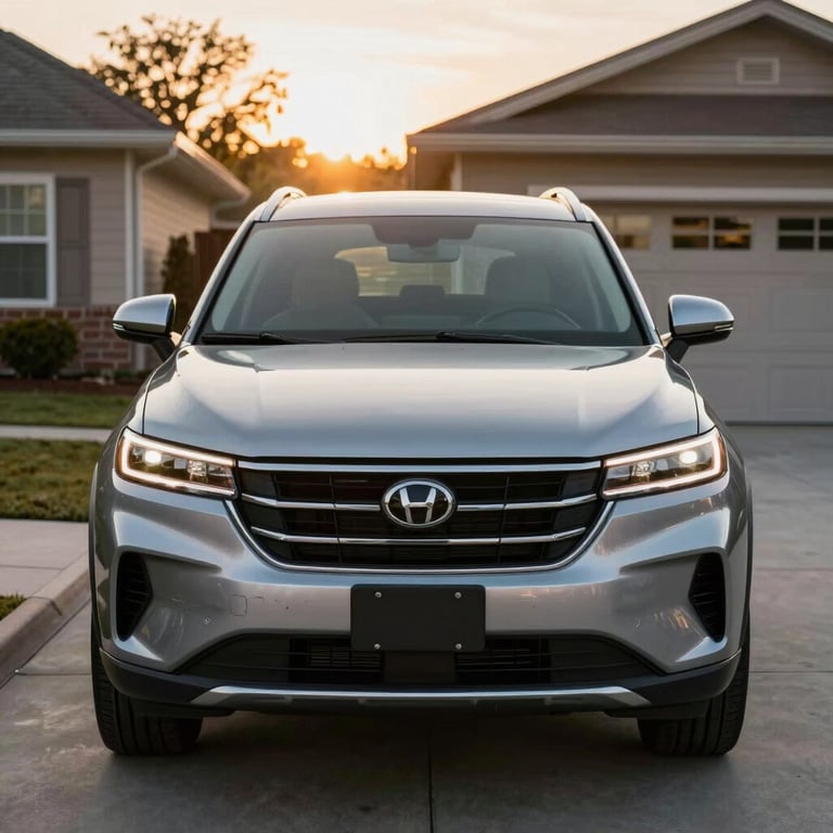 A wide shot of a modern SUV parked in a North American / US driveway during the golden hour, showing a pristine and sparkling new windshield.