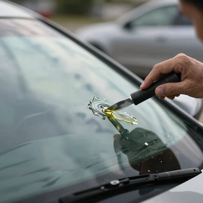 A close-up of a windshield chip being filled with professional resin, reflecting a soft cloud white sky in a North American / US setting.