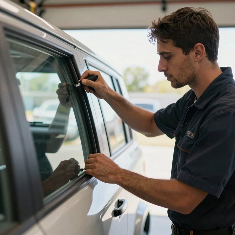 A professional at work in a bright North American / US garage, installing a side window. The technician is wearing a dark navy work shirt.