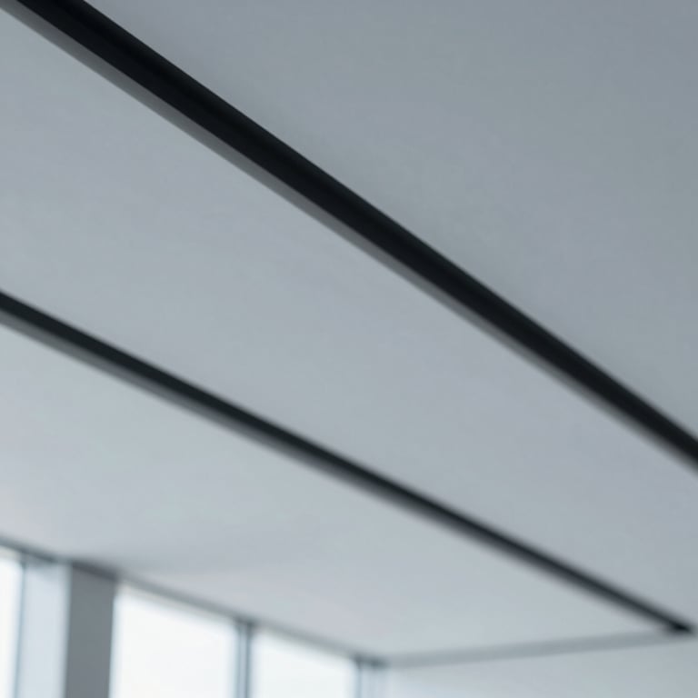 Abstract architectural shot of a modern office ceiling with clean lines. Palette: #94B0C7, #1A2C38.
