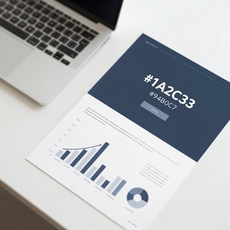 An overhead view of a clean desk with a laptop and financial reports, conveying management expertise. Palette: #1A2C38, #94B0C7.