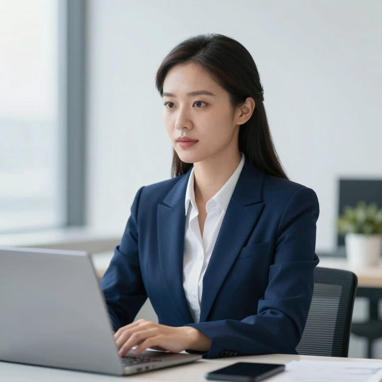A professional woman in business attire looking confidently at a screen. Palette: #3A6076, #F8F9FA.