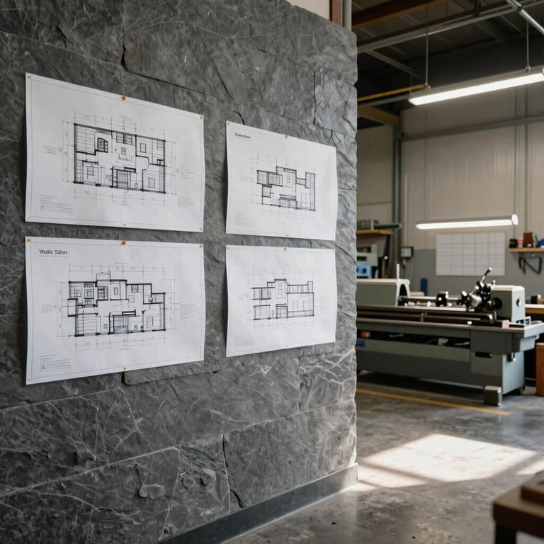 A wide environmental shot of Waldo's Salem workshop, blueprint drawings on slate gray walls, metal lathe in the background, raw utility lighting with high-contrast shadows