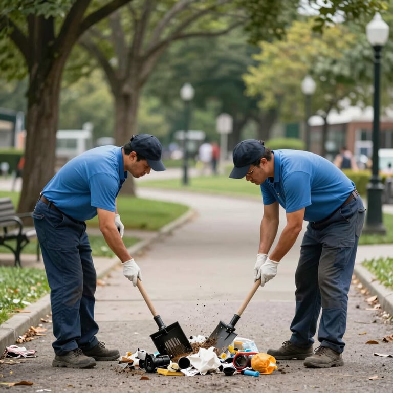 Professional site cleanup crew removing waste from a North American / US public park, emphasizing cleanliness and community care.