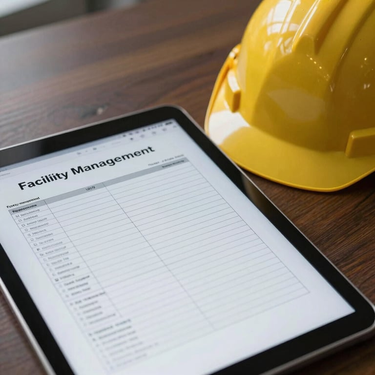 A detailed shot of a facility management reporting document on a tablet next to a safety helmet in a North American / US office.