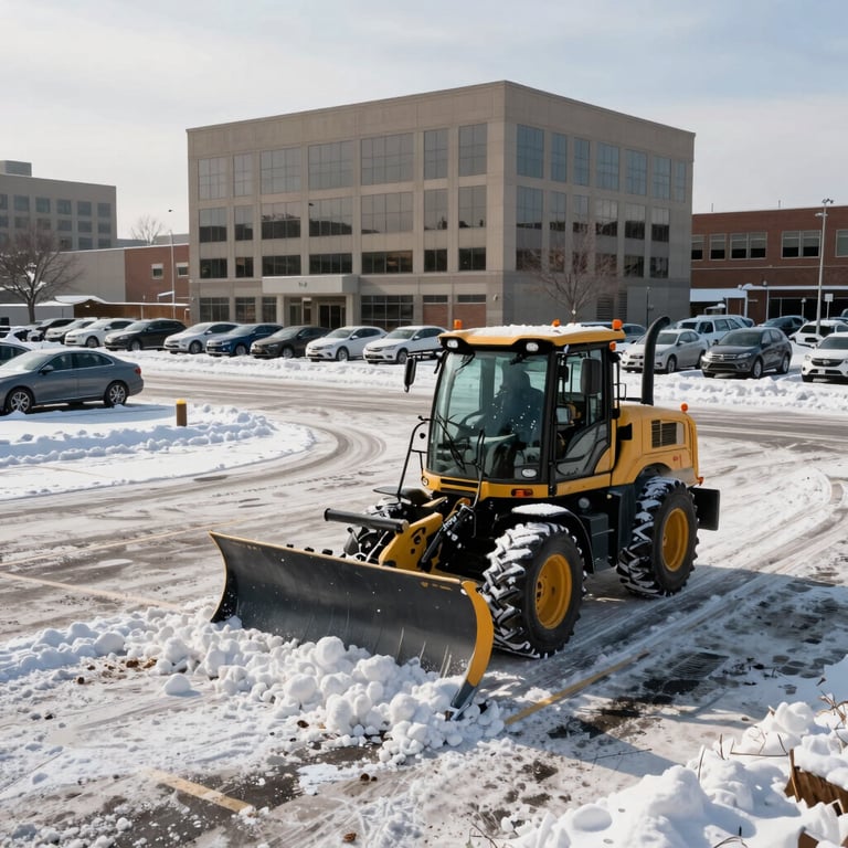 A commercial snow plow clearing a large, structured parking lot of a North American / US municipal office during a bright winter morning.