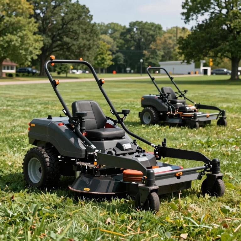 A fleet of commercial mowers maintaining the lawn at a North American / US government facility in Michigan during a sunny day.