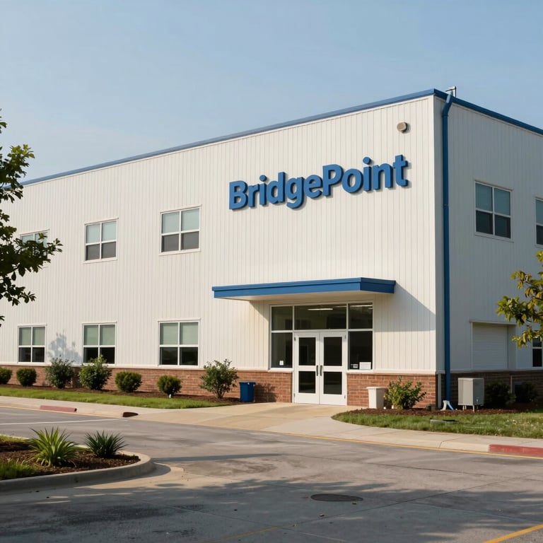 A clean, well-lit exterior of a Detroit-based facility managed by BridgePoint, showcasing site maintenance excellence.