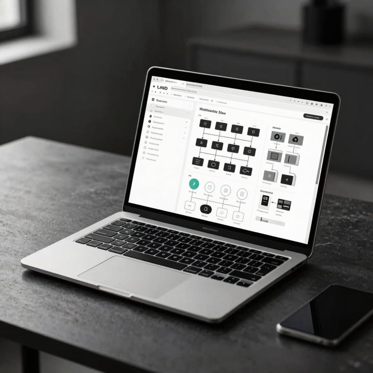 A sleek, minimalist workspace with a high-end laptop displaying a modern web architecture layout, black and white aesthetic.