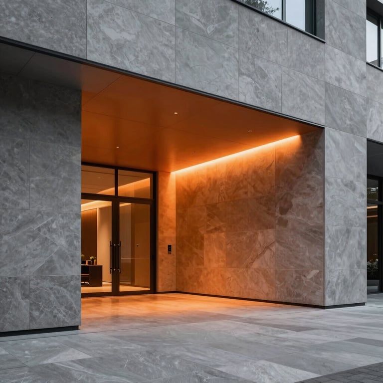 Atmospheric shot of a modern office lobby with a warm orange glow and minimalist gray stone textures, representing luxury and trust.