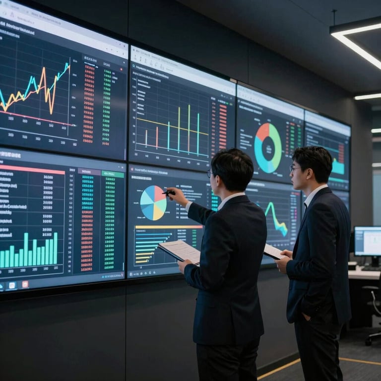 Two professionals reviewing complex data analytics on a large wall-mounted screen in a dark, high-tech command center.