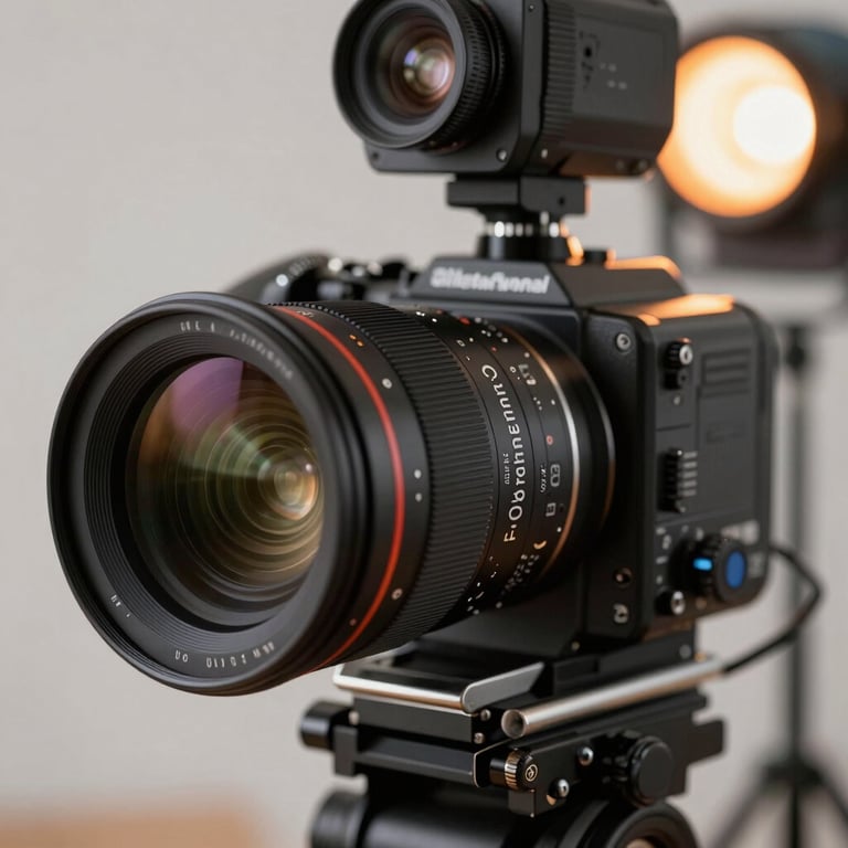 A close-up of a high-end cinema camera lens focusing on a creative professional, professional studio lighting, orange accent light, Global / International.