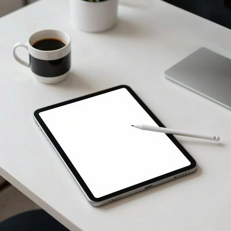 A top-down view of a designer's desk with a tablet, stylus, and premium coffee, in a clean, brightly lit office environment.