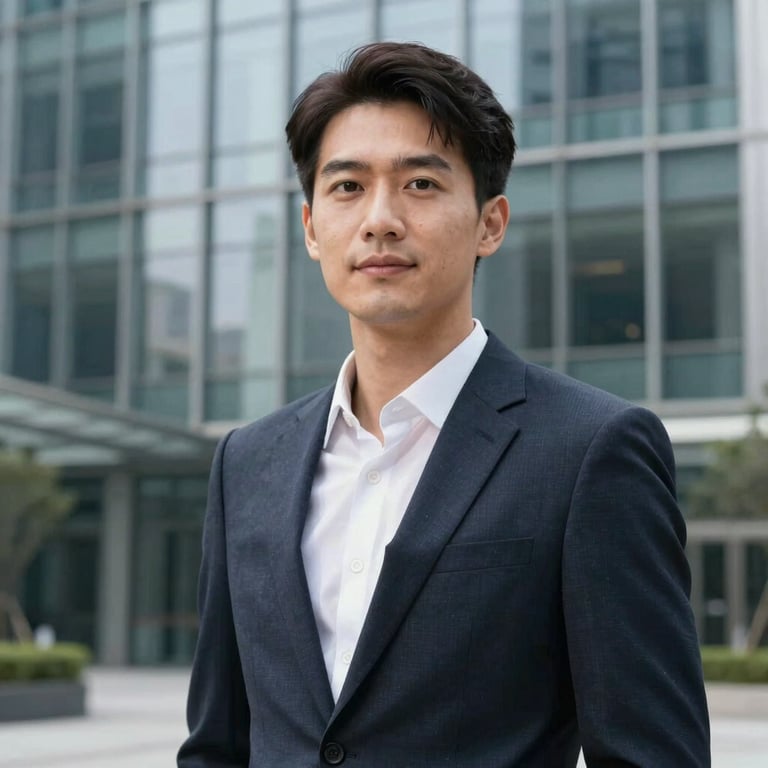 Portrait of a confident professional in a modern blazer standing against a blurred backdrop of a corporate glass building.