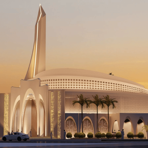 Modern mosque architecture featuring a glowing minaret and arched facade at sunset with palm trees.