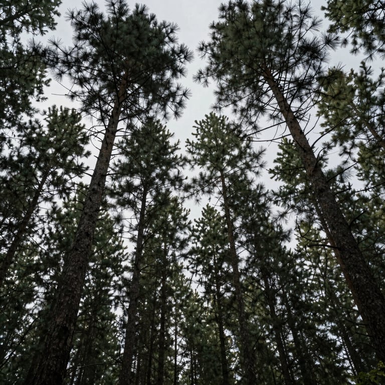 A cinematic shot looking up at a dense canopy of tall pine trees against a overcast grey sky in a North American forest.