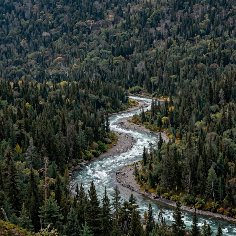 A wide shot of a valley in the North American wilderness with a winding river and dense evergreen forests.