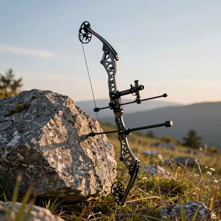 A modern hunting compound bow leaning against a grey rock in a high-altitude meadow at sunrise.