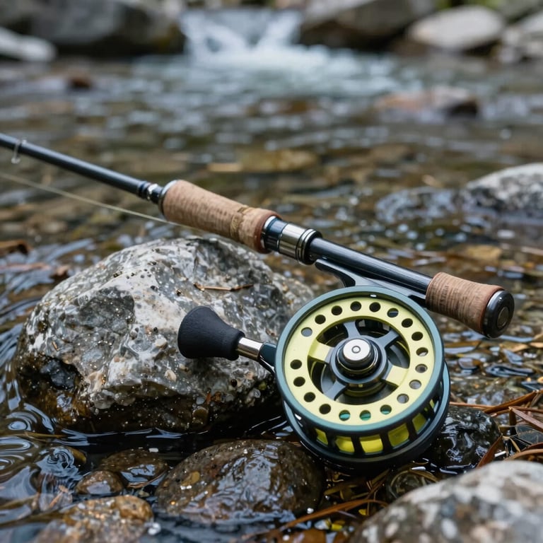 A close-up of a fly-fishing rod and reel resting on wet river stones by a clear mountain stream.