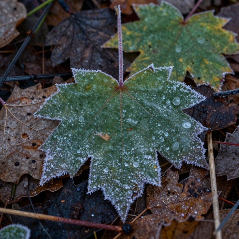 Macro photography of morning frost on autumn leaves on a forest floor with deep forest green and brown tones.