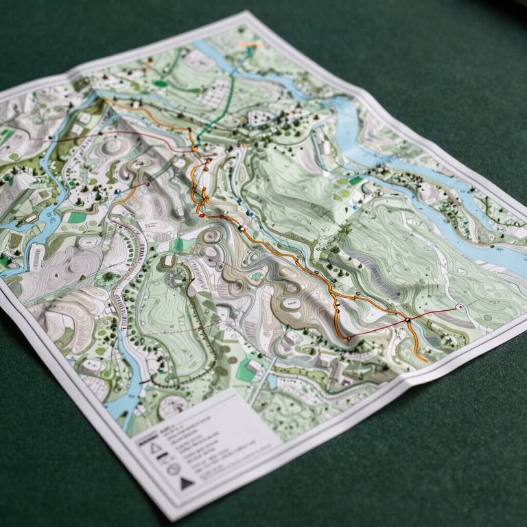 A detailed shot of a topographical trail map spread out on a dark green textured surface.