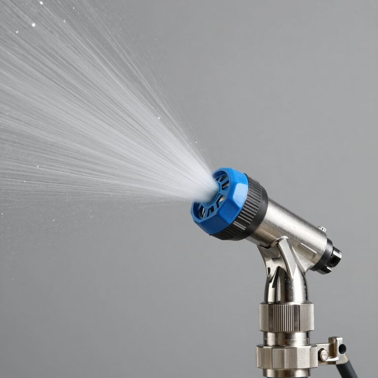 Close-up of a foam deluge system spray nozzle showing intricate engineering and stainless steel construction, sharp focus, clean background.