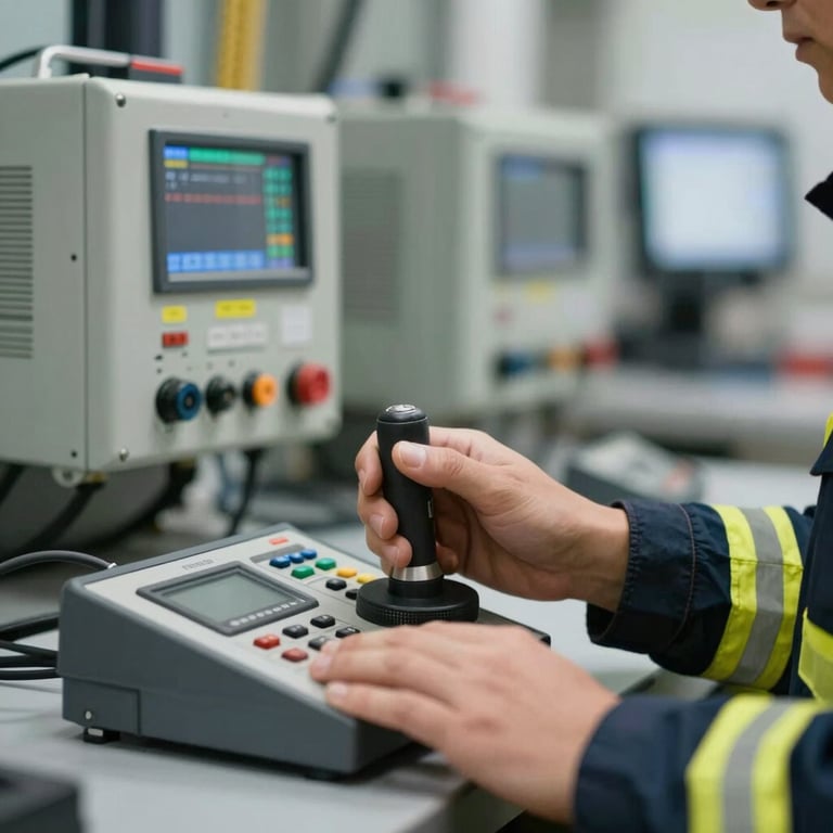 A technician operating a fire protection system transmitter with a rugged joystick control, technological and robust mood.