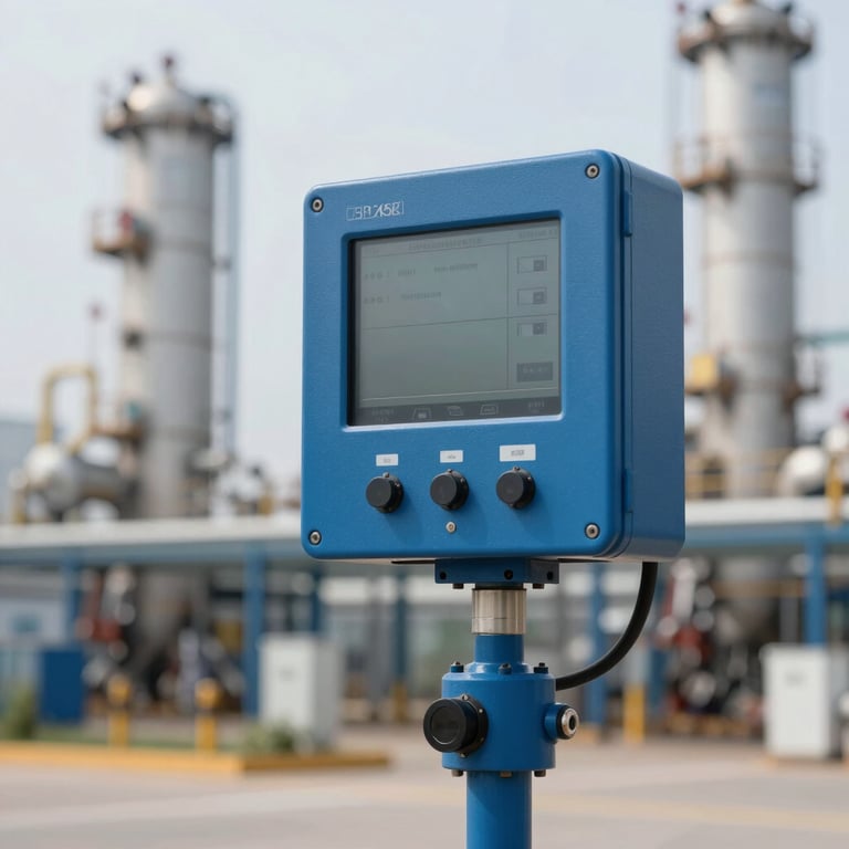 A heavy-duty electric-hydraulic remote control monitor installed in a petrochemical facility, sleek industrial design with #3D5A80 finish.