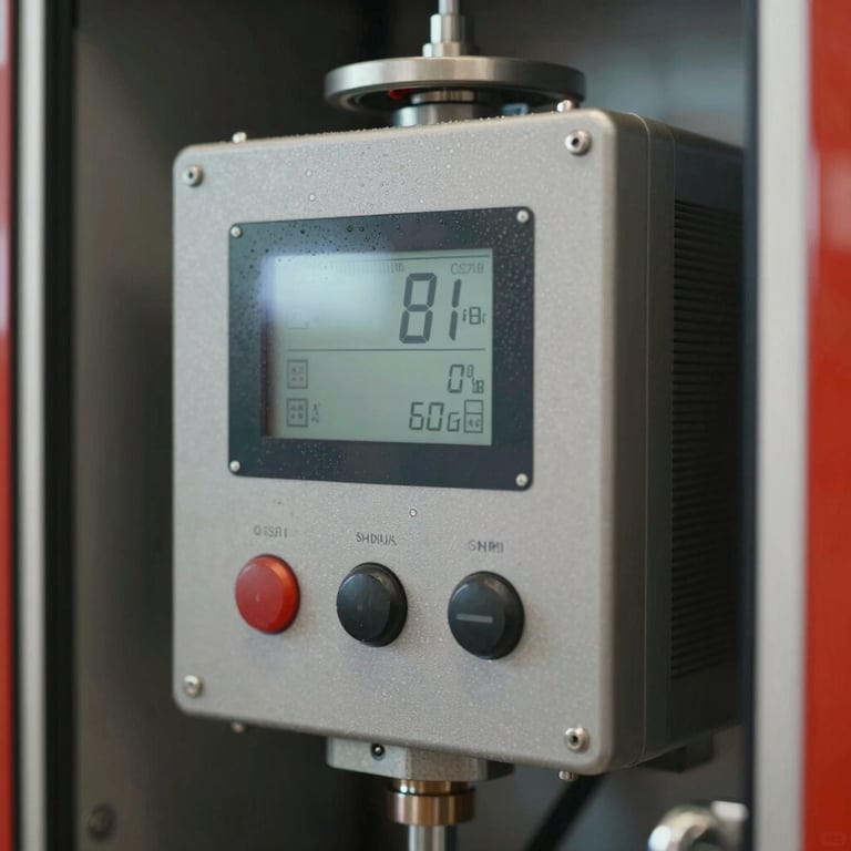 A foam system receiver unit with digital displays and indicator lights, reflecting modern fire fighting technology and reliability.