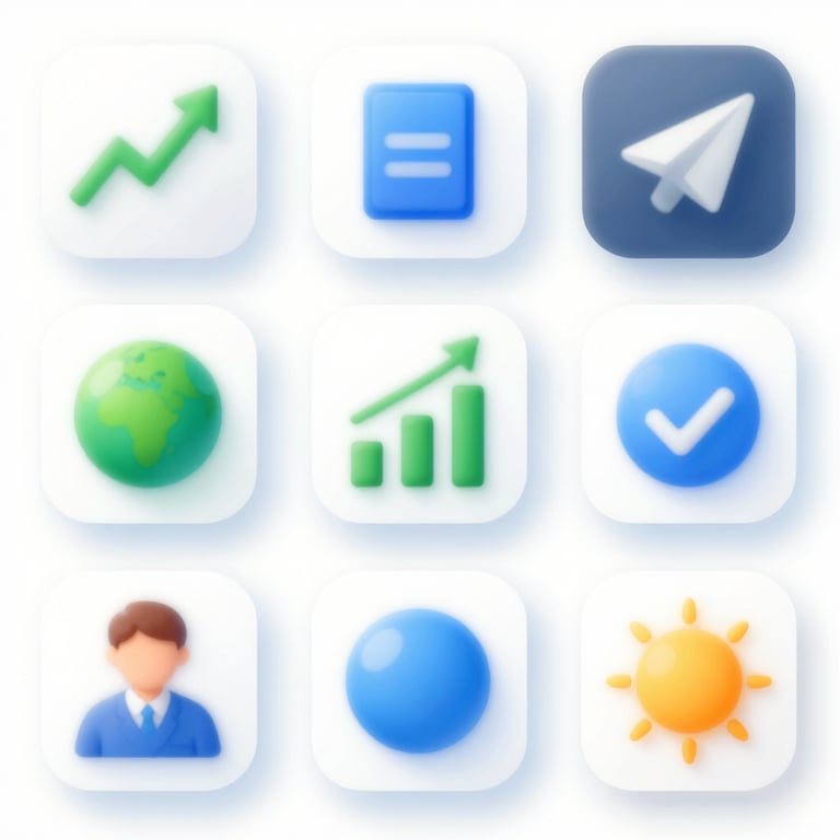 A collection of digital icons representing growth, community support, and web development in the brand's palette.