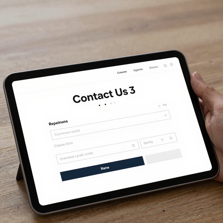 A tablet displaying a 'Contact Us' form for a local business, with minimalist and accessible design elements.