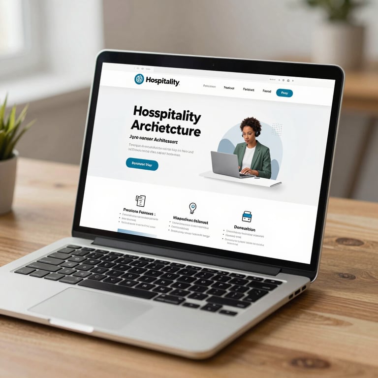 A professional laptop on a wooden desk showing a 4-page website architecture for a local hospitality business.