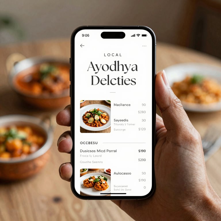 A clean restaurant menu interface on a smartphone, highlighting local Ayodhya delicacies with elegant typography.
