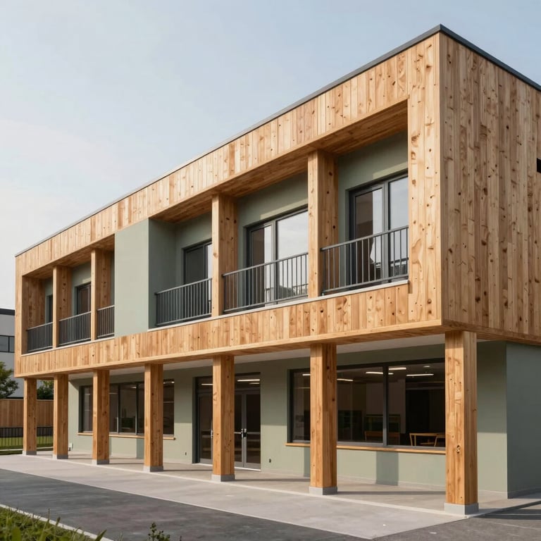 A newly completed CLT school building with tan wood surfaces and muted sage accents in a clean, modern design.