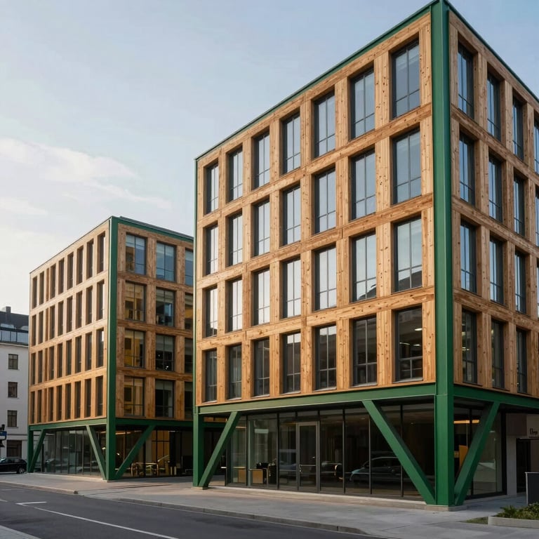Professional photography of a minimalist CLT-built library in a Central European town, featuring large windows and warm tan wood textures.
