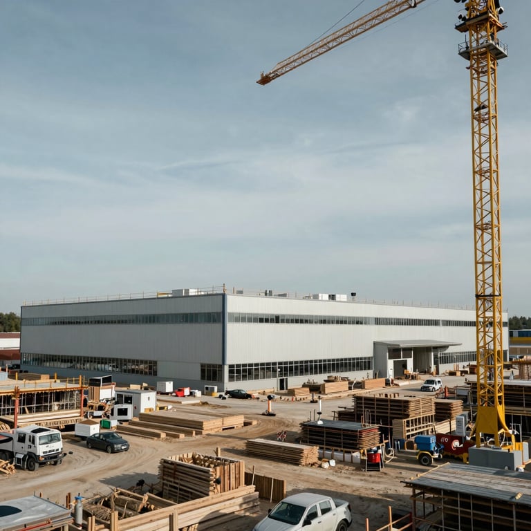 Professional image of a large-scale CLT commercial hub construction site in Central Europe with light grey-blue sky.