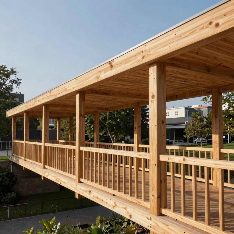 Architectural wide shot of a modern timber bridge and park pavilion made from CLT panels in a sunny urban setting.