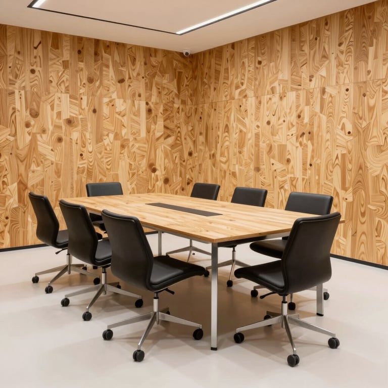Bright interior of a corporate boardroom with exposed CLT walls and off-white flooring, highlighting professional engineering.