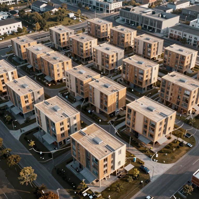 Aerial view of a modular CLT housing complex, showcasing organized, sustainable urban planning and modern architecture.