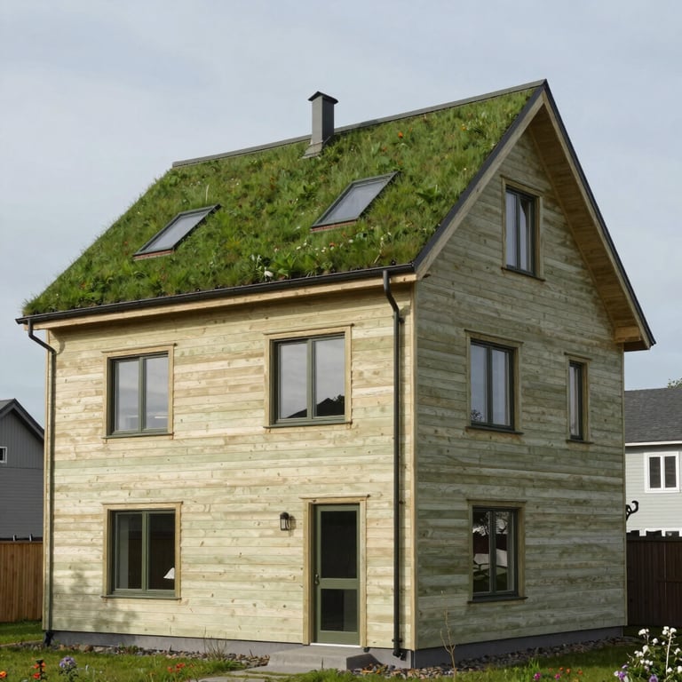Exterior shot of a sustainable three-story residential CLT kit house with a deep green roof and light sage timber walls.