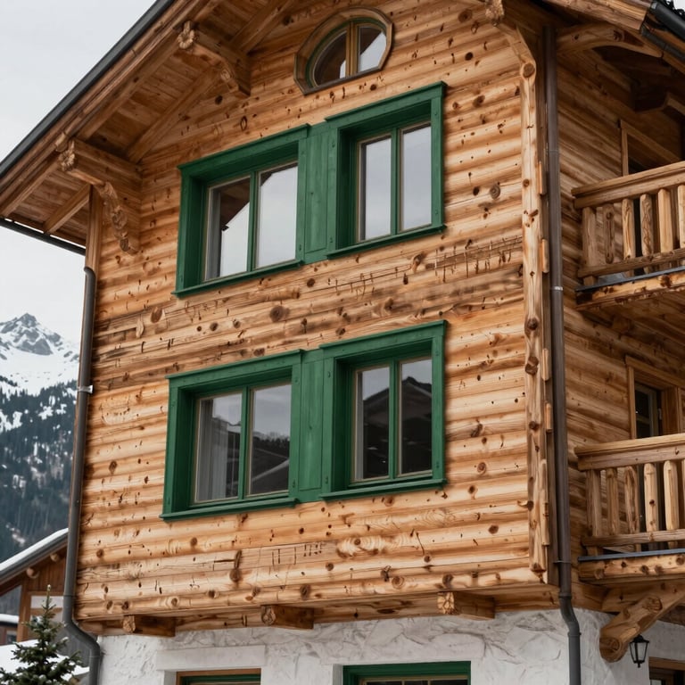 Modern CLT holiday chalet in the mountains, featuring deep green window frames and natural tan wood siding.