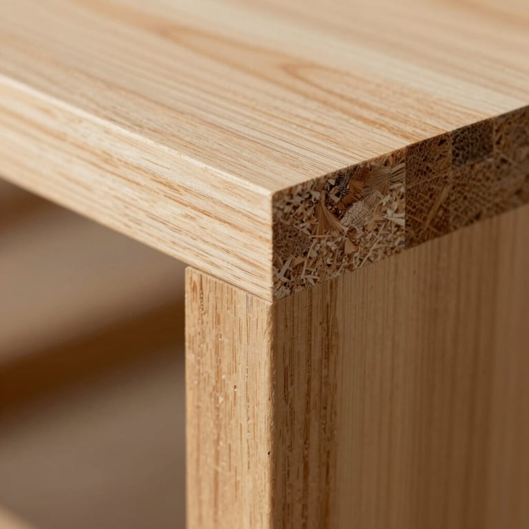 Detailed macro photography of high-quality Cross Laminated Timber textures and precision-cut corner joints in a residential home.