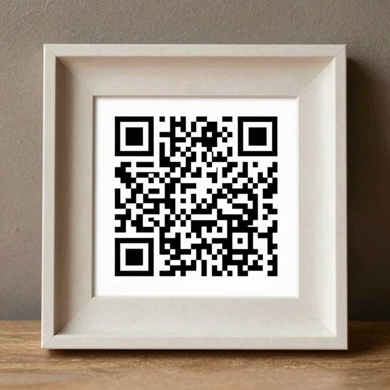 A clean, high-contrast QR code graphic framed elegantly on a textured paper background, designed for easy mobile scanning.