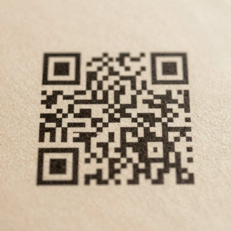 A clean, high-contrast QR code printed on a warm textured paper background, designed for easy scanning with a smartphone camera