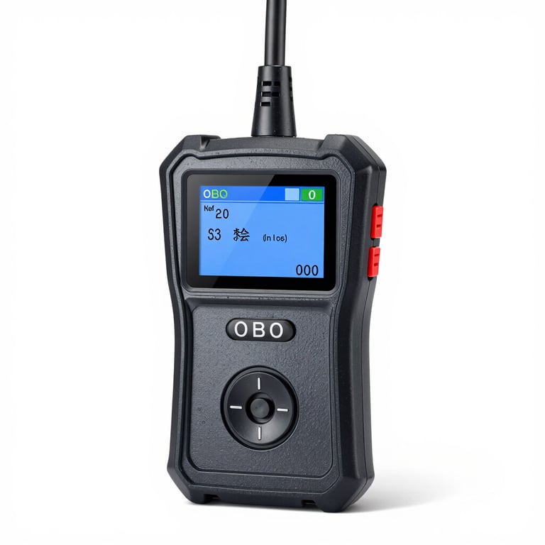 Professional OBD2 car diagnostic scanner tool with color screen, plugged into a car dashboard, sharp studio lighting, clean background