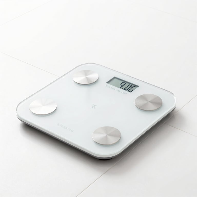 Smart scale displaying digital metrics on a clean bathroom tile floor, bright high-key lighting, modern retail aesthetic