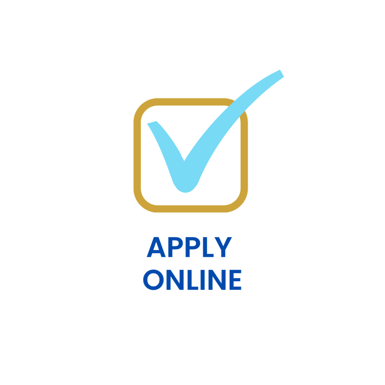 Checklist icon with a check mark next to the text “Apply Online” on a clean background.