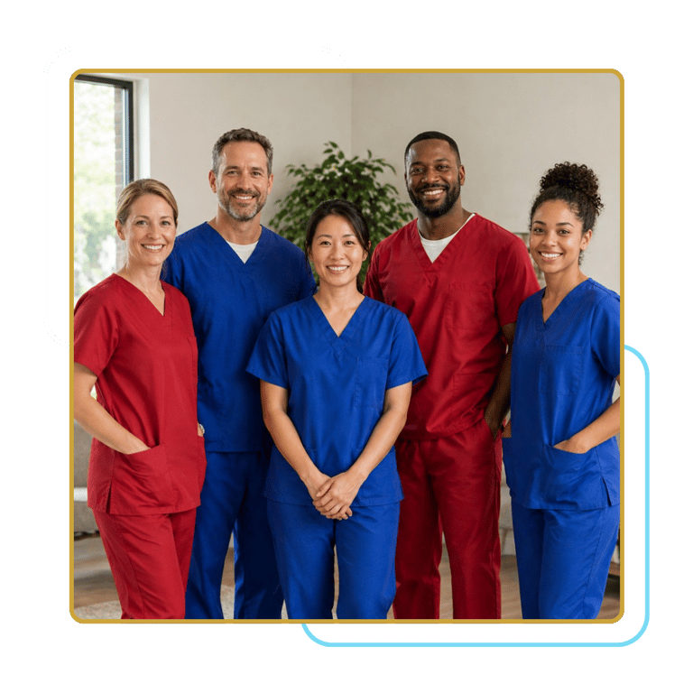 Diverse group of caregivers in scrubs standing together and smiling in a bright, professional setting