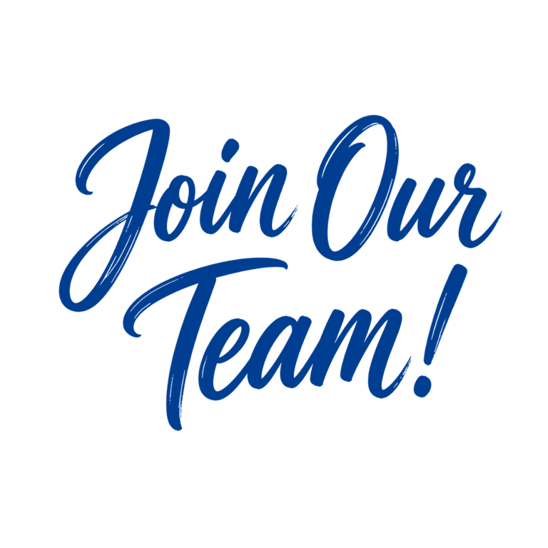 Handwritten blue brush script text reading “Join Our Team” in a stacked two-line layout on a clean white background.