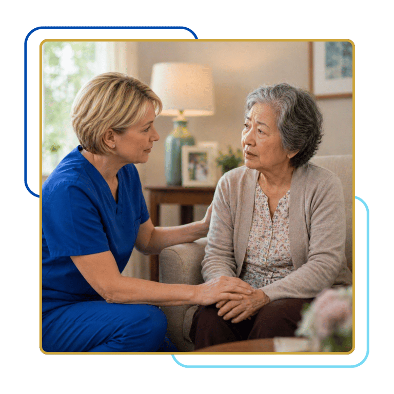 Caregiver at eye level reassuring senior with dementia, offering calm guidance, emotional support, and compassionate care